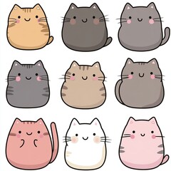 Adorable Cartoon Cats Collection Cute Kawaii Style Happy Pets Digital Illustration Set of Nine Friendly Animals Perfect for Children's Book Designs or