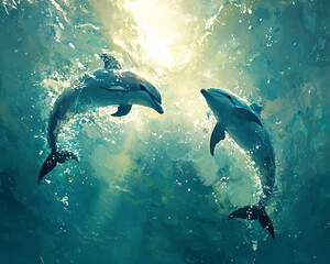 Obraz premium Two dolphins swimming in clear blue water.