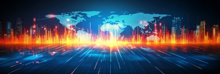 Global Financial Market Data Visualization with Cityscape Silhouette and Glowing Lines