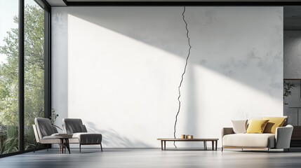 This new home's interior showcases a white wall marked by a significant crack that suggests structural damage. Natural light flows through large windows, enhancing the modern aesthetic