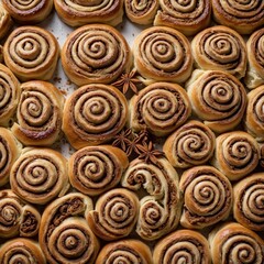 A tray of cinnamon rolls fresh from the oven, arranged aesthetically on a white background.