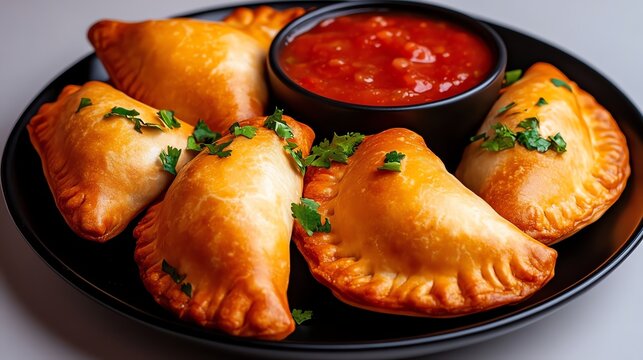 Delicious golden empanadas served with a tangy red salsa, garnished with fresh herbs, showcasing appetizing textures and vibrant colors perfect for culinary features.