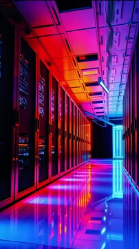 Vibrant server room corridor showcasing illuminated technology and reflective surfaces in a modern data center