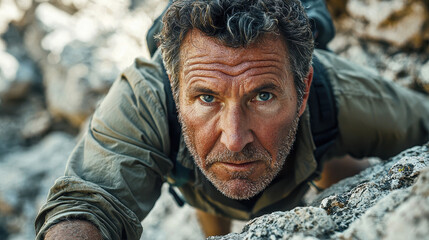 Obraz premium Elderly man embraces adventure while rock climbing with determination and excitement against a rugged backdrop