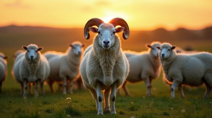 Fototapeta premium Majestic Ram Leads Flock at Sunset A Pastoral Scene of Tranquil Beauty