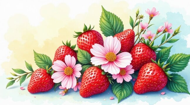 A vibrant still life composition featuring a cluster of ripe strawberries nestled amongst delicate pink blossoms and lush green foliage