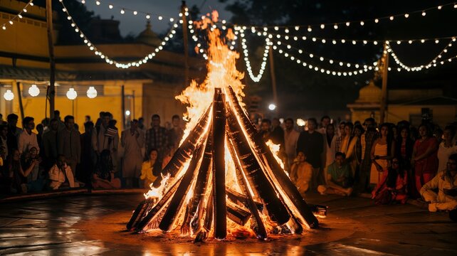 Holika Dahan Celebration photo with people around the bornfire