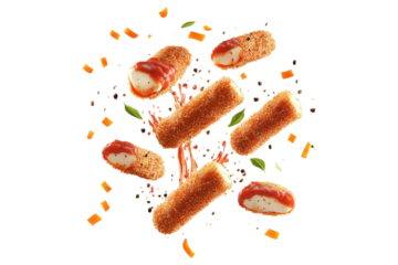 Fried croquettes with cheese and ketchup sauce floating in the air isolated on white or transparent, PNG