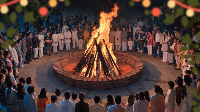 Holika Dahan Celebration photo with people around the bornfire