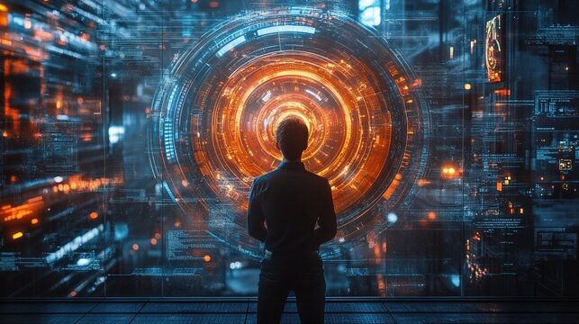 Man standing in front of tunnel with holographic security system displayed on wall