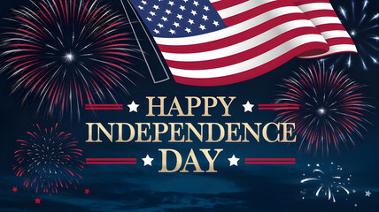 Vibrant, Patriotic Design Featuring Fireworks Lighting Up a Midnight Sky, with the American Flag Flowing in the Wind and the Words 'Happy Independence Day' Elegantly Written in Bold, Gold Font Across 