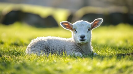 Naklejka premium Adorable White Lamb Resting on Green Grass in Sunlit Pasture During Springtime