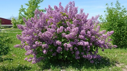 Obraz premium Blooming Lilac Bush with Vibrant Purple Flowers in a Sunny Spring Garden