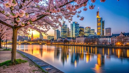 Cherry tree in bloom on banks of River Main with skyline of business district in the background at dusk, Frankfurt am Main, Hesse, Germany Europe
