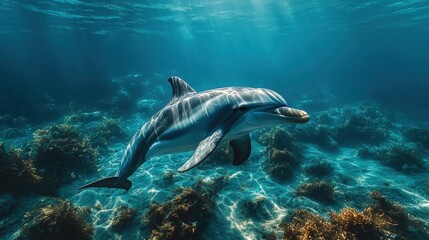 Fototapeta premium Dolphin swimming gracefully in clear waters with subtle plastic net background threat
