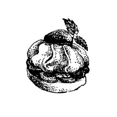 Hand drawn cakewith berry. Isolated sketch illustration on white background