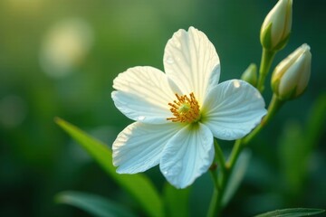 Delicate White Flower Blossom in Soft Sunlight, Showcasing Intricate Petals and Golden Center