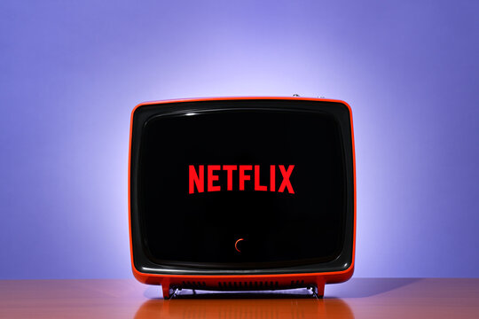 Bergamo, Italy &ndash; January 22, 2025: Retro television with Netflix logo.