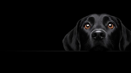 A black dog with orange eyes peeking over a table