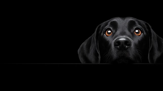 A black dog with orange eyes peeking over a table