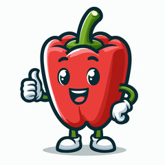 Happy Red Bell Pepper Mascot: A cheerful cartoon red bell pepper gives a thumbs-up, radiating positive vibes and healthy energy. Perfect for branding, recipes, or children's content. 