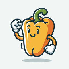 Strong Yellow Bell Pepper Mascot: A cheerful, cartoonish yellow bell pepper character flexing its muscles, brimming with energy and vitality.