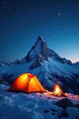 Snowy mountain peak with glowing tent and crackling campfire under starry sky , glow, tent