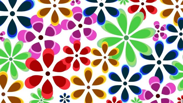 Colorful rotating flowers animation on white background, multicolor geometric flowers animation