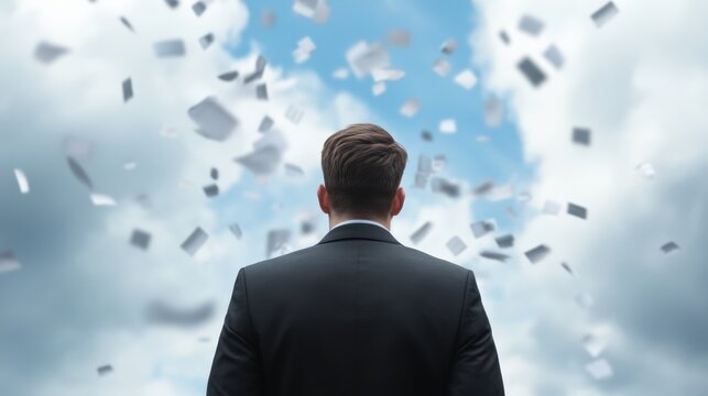 Business Man Surrounded by Falling Papers