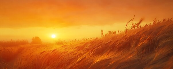 A golden wheat field swaying gently in the breeze under a warm orange-hued sunset