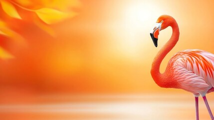 Fototapeta premium A pink flamingo standing in front of an orange background