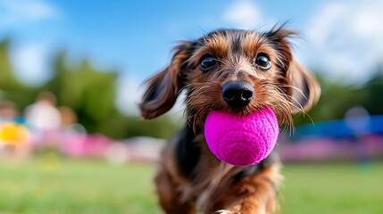 Playful Dachshund Puppy Running With Pink Ball In Park