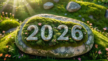 2026 happy new year. Illustration of 2026 carved on rock.
