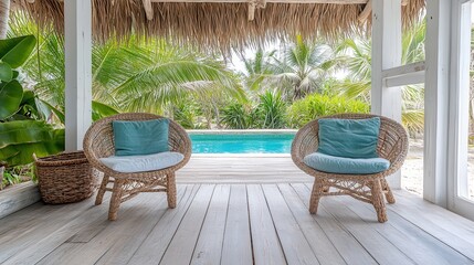 Obraz premium Tropical poolside wicker chairs, palm view