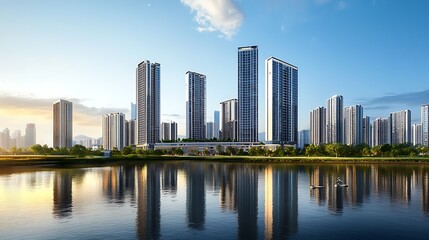 Fototapeta premium Modern city skyline reflecting in calm water at sunrise; ideal for real estate marketing