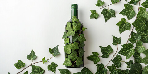  Minimalist wine bottle covered in ivy vines with leaves spreading outward, perfect for eco-conscious and sustainable design concepts
