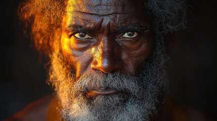 Man with intricate facial scar gazes into sunset, embodying wisdom and resilience in a moment of quiet reflection captured during golden hour