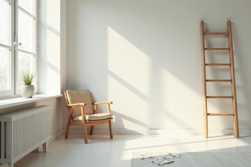 Sunlight streams into a minimalist room, illuminating a light wood chair and ladder against a bright white wall, creating a serene and peaceful atmosphere.
