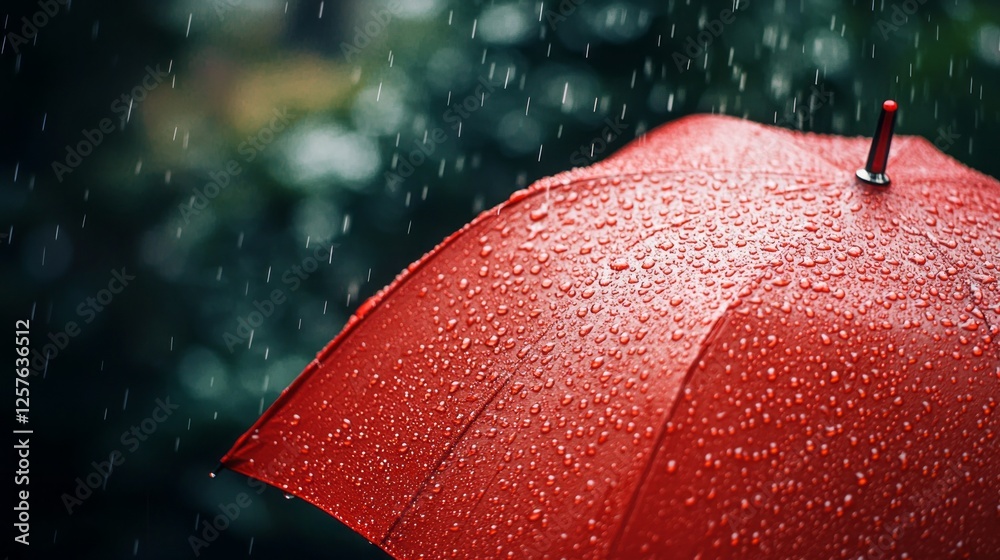 Poster soft rain cascades from a bright red umbrella, creating a soothing symphony of droplets. this tranqu