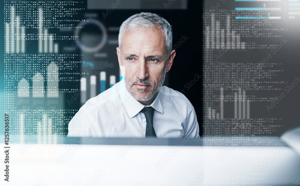 Poster reading, overlay and man with computer, office and research for economic growth, trader or analysis.