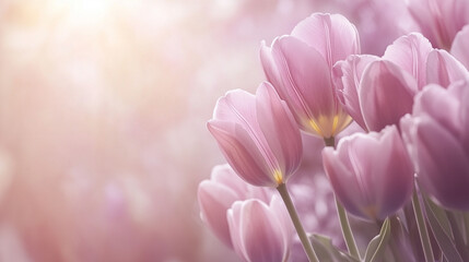 Obraz premium Gentle pink tulips with sunlight and blurred background