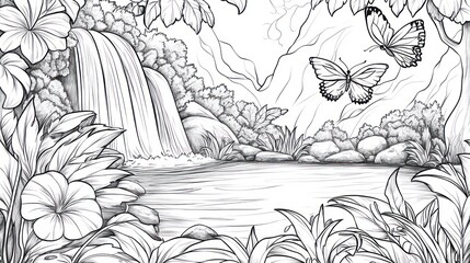 Tropical Waterfall Coloring Page Butterflies, Plants, Pond