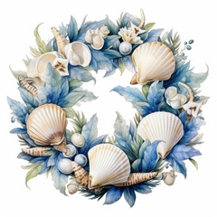 Obraz premium Beautiful watercolor wreath featuring seashells and blue foliage, evoking coastal vibe and tranquility. Perfect for beach themed decor or summer celebrations