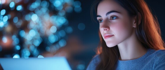 Fototapeta premium Woman looking at laptop screen with festive background.