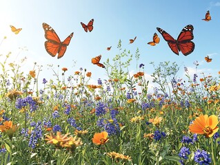 A lush meadow filled with wildflowers and fluttering butterflies under a clear blue sky
