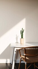 Fototapeta premium Minimalist interior scene, small cactus in a pot on a white table, and rattan chair.