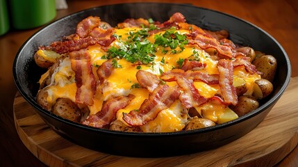 Fototapeta premium Breakfast dishes with delicious flavors and bacon. Delicious loaded baked potatoes with cheese and bacon in a skillet.