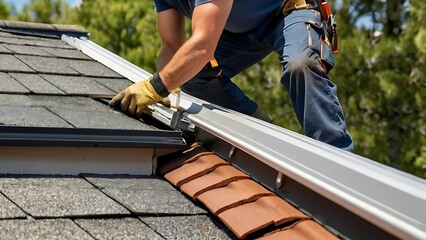 Professional Roofer Installing Gutter System – Expert Roof Drainage Repair and Residential Maintenance