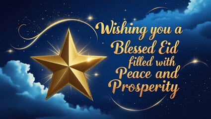 A golden star shines against a dark blue sky, with cursive gold calligraphy reading, *"Wishing you a blessed Eid filled with peace and prosperity,"* above the star.