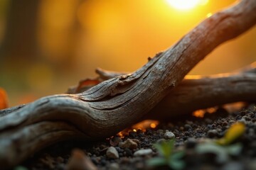 Fototapeta premium Golden Hour Wood A Close-Up of Weathered Branches Resting on Pebbles at Sunset